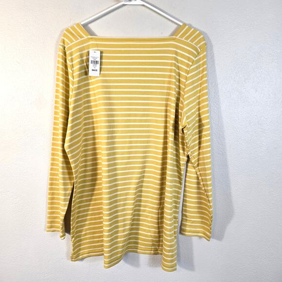 L.L.Bean Top Women's 1X Yellow White Stripe Square Neck Nautical Classic Coastal - Picture 2 of 9